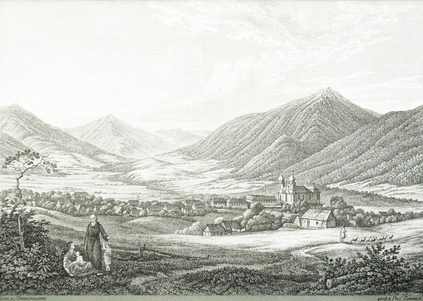 Vue de Hejnice (région de Liberec, nord de la Bohême). Gravure de Christian Gottlob Hammer (1779-1864) d’après une toile d’Albert Zimmermann (1808-1888).